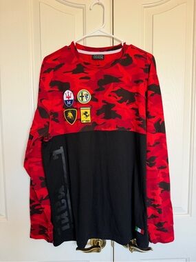 KRISP Italy Red Camo & Black Long Sleeve Tee with Motorsport Patches